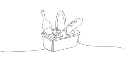 Continuous line drawing picnic basket with wine and baguette on white background. Food minimalism illustration. vector