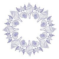 Round frame made of shells in Hand drawn whimsical style. Decorative circular design featuring seashells and starfish surrounded by marine elements in blue ink on a white background vector
