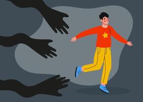 Young boy runs away from shadowy hands in a stylized illustration depicting fear and escape in a surreal environment vector
