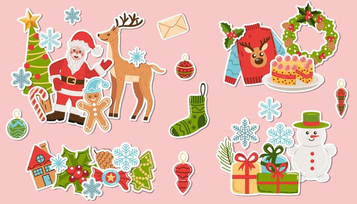 Bright Christmas sticker set of compositions with Santa Claus, snowman, gifts, tree, deer, ugly sweater with deer, holly berries, gingerbread man, snowflakes, wreath, and candies.