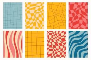 Set of groovy posters with bold checkered and striped patterns in retro style. Vibrant colors, optical flow, and vintage vibes. Colorful dynamic, eye-catching visual collection. vector