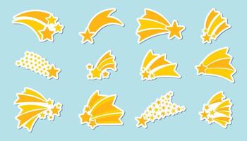 Set of falling stars stickers in flat cartoon style. Bright and cosmic elements with glowing trails and dreamy details, ideal for planners, scrapbooking, digital designs, or decorative projects. vector