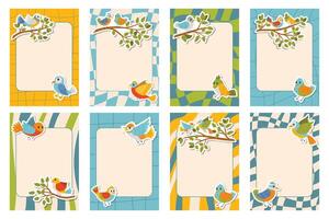 Set of groovy note frames decorated with colorful birds flying and sitting on branches in flat cartoon style. Playful and cheerful designs ideal for journaling, stationery or digital planners. vector