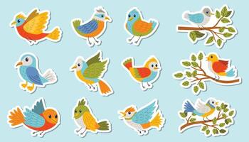 Set of colorful cartoon stickersw with birds in flat style, featuring various species with bright feathers. Stickers og flying birds and birds sitting on branches isolated on blue background. vector