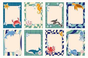 Groovy Notes Set in sea colors with frames and cute cartoon Sea Animal Stickers. Playful, ocean-themed layout with retro patterns and a calm, colorful underwater vibe. vector