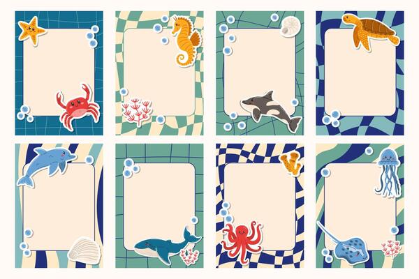 Groovy Notes Set in sea colors with frames and cute cartoon Sea Animal Stickers. Playful, ocean-themed layout with retro patterns and a calm, colorful underwater vibe.