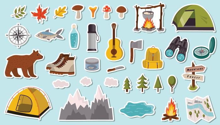 Cartoon stickers set for summer camping in flat style. Includes playful outdoor elements like tents, fires, backpacks, and trees. Perfect for kids, planners, scrapbooks, or travel-themed crafts.