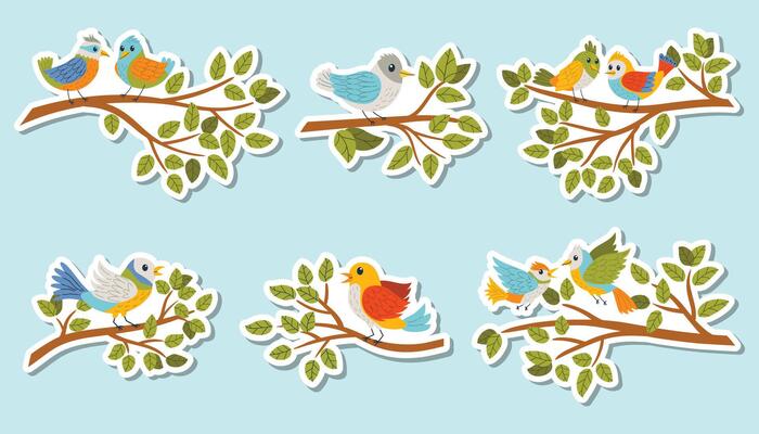 Sticker collection featuring colorful birds sitting on branches in flat cartoon style. Bright and cheerful design perfect for kids, crafts, nature themes, and decorative projects.