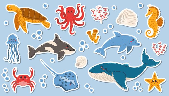 Set of cartoon sea animals stickers with playful characters like turtle, dolphin, whales and octopus, corals and starfish. Fun and colorful designs perfect for children's decor, crafts, or stationery.