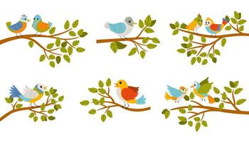 Cartoon flat style illustration of colorful birds sitting on tree branches. Bright, playful design with bright colors and a cheerful nature theme. Ideal for kids or spring topics. vector