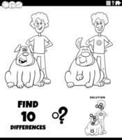 differences puzzle activity with happy cartoon boy and his dog coloring page vector