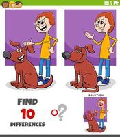 differences puzzle game with happy cartoon boy and his dog vector