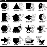 basic geometric shapes with cartoon robots coloring page vector
