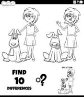 differences puzzle activity with cartoon girl and her dog coloring page vector