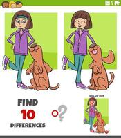 differences puzzle game with cartoon girl and her dog vector