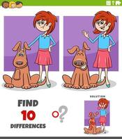 differences puzzle activity with cartoon girl and her dog vector
