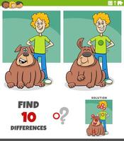 differences puzzle activity with happy cartoon boy and his dog vector