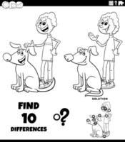 differences puzzle game with happy cartoon boy and his dog coloring page vector