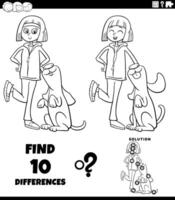 differences puzzle game with cartoon girl and her dog coloring page vector