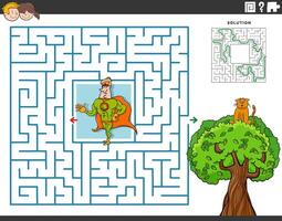 maze activity with cartoon superhero and kitten on the tree vector