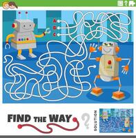 maze activity game with two cartoon robots characters vector