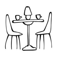 Line art illustration with table in a restaurant or cafe, chairs, cups and lump on the table. vector
