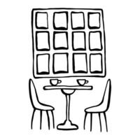 Line art illustration with table in a restaurant or cafe, chairs, near the window, cups on the table. vector