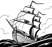 A large ship sails through the ocean with a storm in the background vector