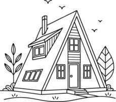 House with a triangular roof and a door in line art vector