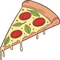 Slice of pizza with pepperoni and basil on it vector