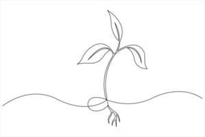 Growth plant in continuous single Line art drawing. Sprout with leaves in simple linear style isolated one line illustration vector