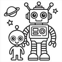 Fun and Easy Kids Coloring Page of a Friendly Robot and Cute Alien in Space vector