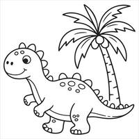 Fun and Easy Kids Coloring Page of a Smiling Dinosaur and a Palm Tree vector