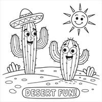 Fun and Easy Kids Coloring Page of Smiling Cacti and a Happy Sun in the Desert vector