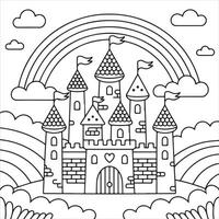 Fun and Easy Kids Coloring Page of a Majestic Castle with Rainbows and Clouds vector