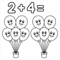 Fun and Easy Kids Coloring Page of a Simple Addition Problem with Balloons vector