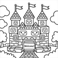 Fun and Easy Kids Coloring Page of a Smiling Cartoon Castle with Flags and Trees vector