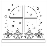 Fun and Easy Kids Coloring Page of Smiling Candles in Front of a Starry Window vector