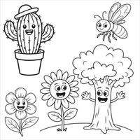 Fun and Easy Kids Coloring Page of a Friendly Cactus, Bee, Tree, and Smiling Flowers vector