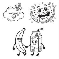 Fun and Easy Kids Coloring Page of a Sleepy Cloud, Fresh Watermelon, and Smiling Banana with Juice vector