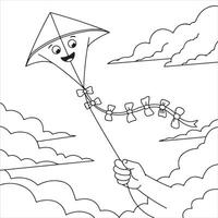 Fun and Easy Kids Coloring Page of a Smiling Kite Flying in the Sky vector