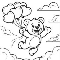 Fun and Easy Kids Coloring Page of a Smiling Bear Floating with Balloons in the Clouds vector