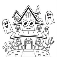 Fun and Easy Kids Coloring Page of a Playful Haunted House with Friendly Ghosts vector