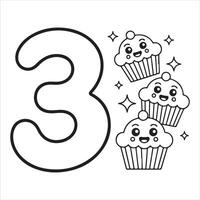 Cupcake Counting Coloring Page for Kids Learn Number 3 with Fun Drawing vector