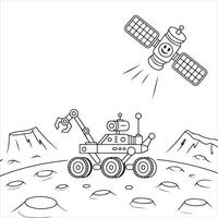 Fun and Easy Kids Coloring Page of a Friendly Rover and Smiling Satellite on a Cratered Planet vector