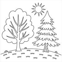 Fun and Easy Kids Coloring Page of a Deciduous and Coniferous Tree Under the Sun vector