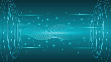 Modern futuristic tech background featuring glowing HUD interface, abstract waves and digital particles in blue vector