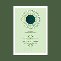 wedding invitation design with a circular ornamental element, vintage border, and a soft color palette. vector