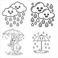 Fun and Easy Kids Coloring Page of Happy Clouds, Rain, and a Cozy Duck with an Umbrella vector