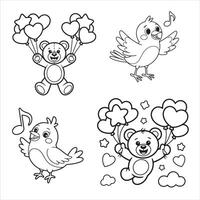 Fun and Easy Kids Coloring Page of Teddy Bears with Balloons and Singing Birds vector
